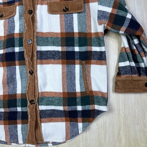 GeeGee Plaid Button Up Camel Combo Flannel Oversized Shirt Jacket Shacket Medium - Picture 4 of 16